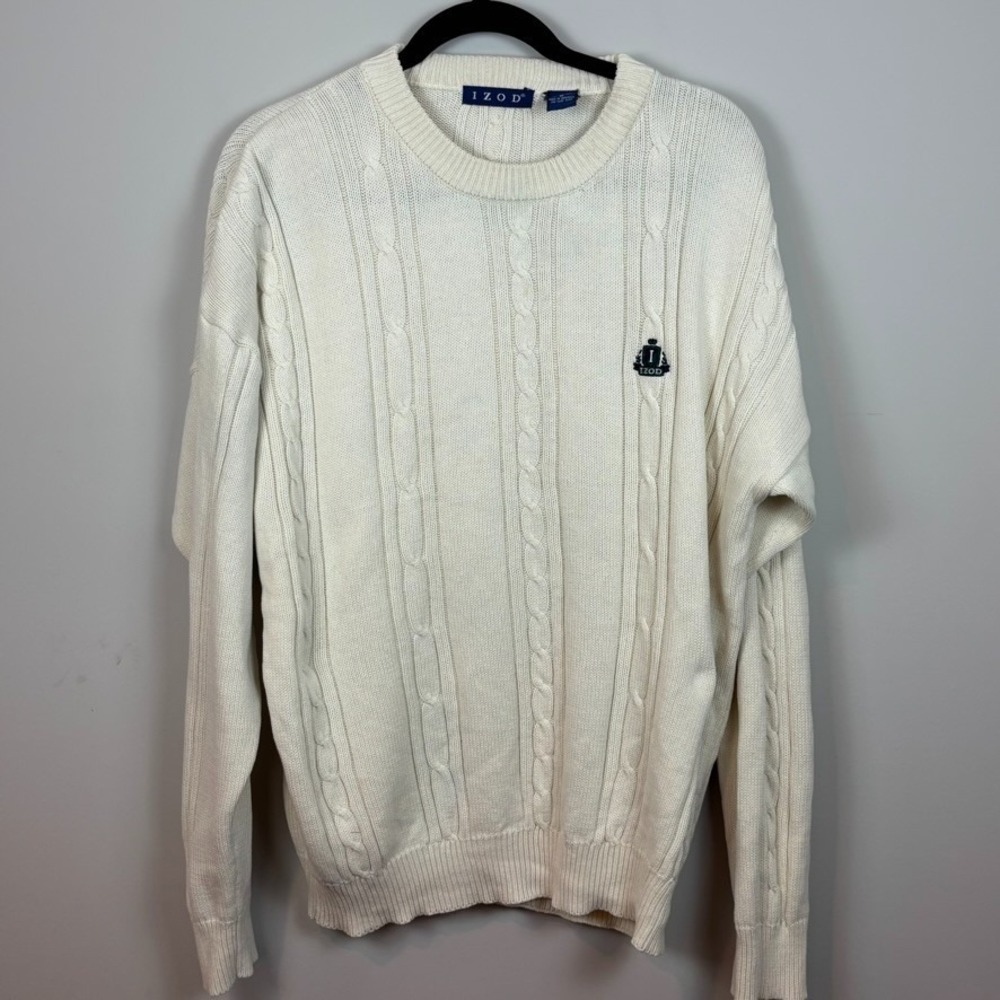 Izod‎ Mens Beige Cable Knit 100% Cotton Fishermans Sweater SZ Medium Academia